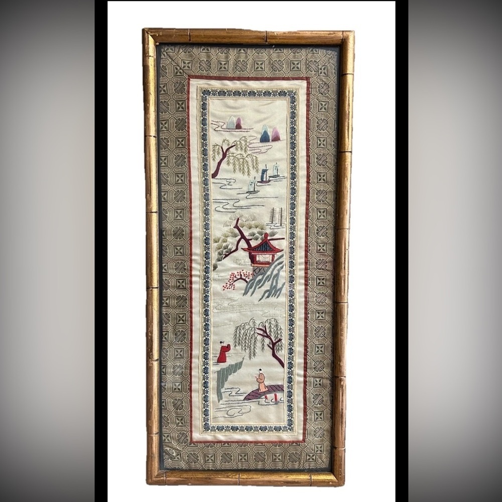 Vintage Chinese Handwoven Embroidery Framed Gold Bamboo Frame 12x24